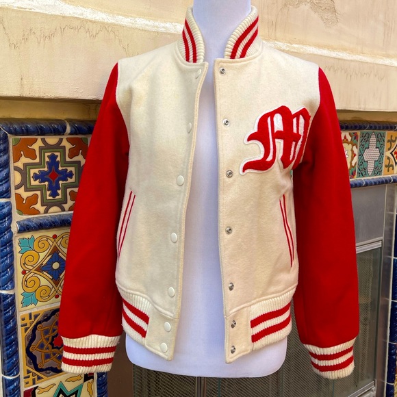 Vintage 1990’s Cream Wool Letterman Bomber Jacket w/ Red “M” by LOVE BOAT Sz S - Picture 2 of 12